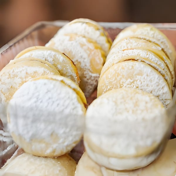 Close-up of several powdered sugar-dusted pastries, possibly empanadas or cookies, in a clear container.