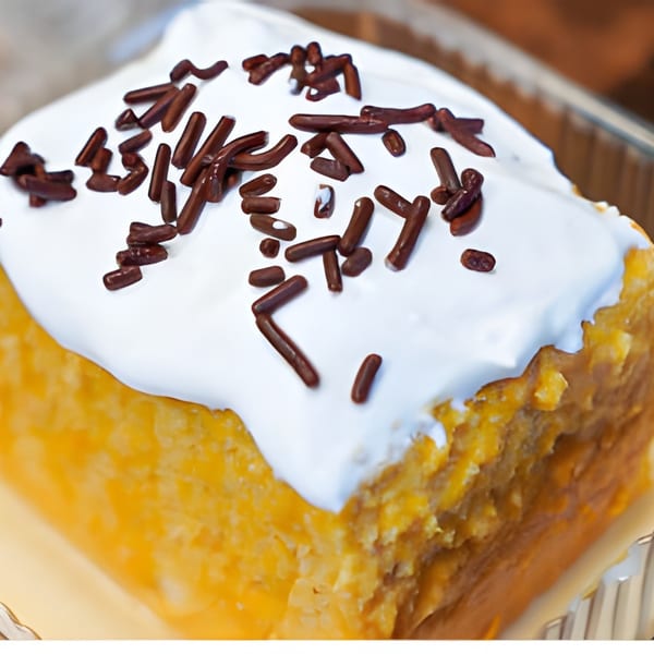 A close-up of a dessert square with white frosting and chocolate sprinkles.